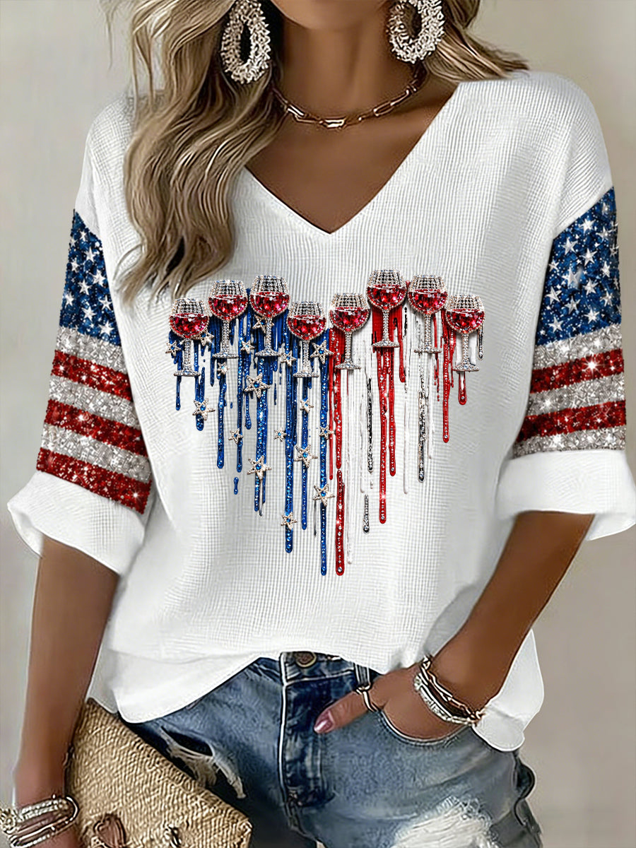 Women's Casual American Independence Day Red Wine Glass Love Glitter Printed T-shirt