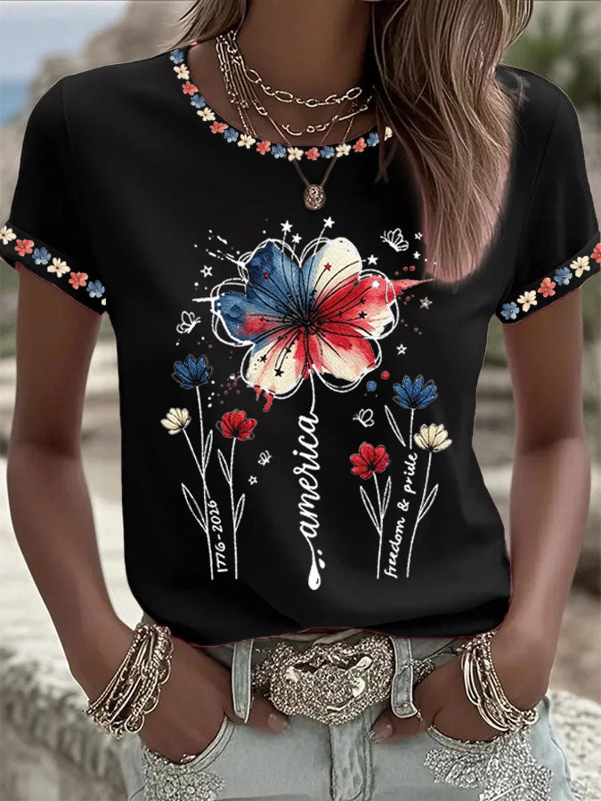 Women'S America Flag Printed Casual T-Shirt