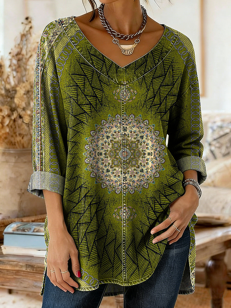 Women's Vintage Ethnic Green Mandala Art Print Casual V-neck Long Sleeve Washed Denim Shirt