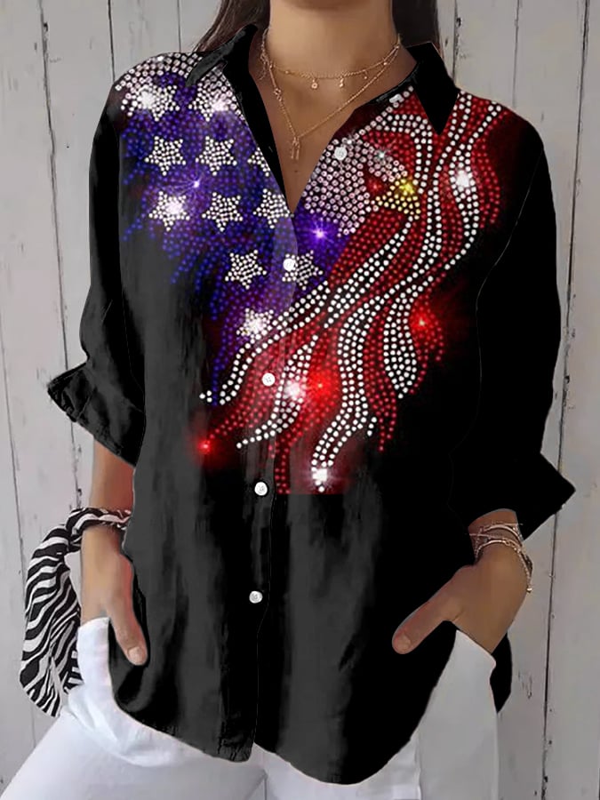 Women's Independence Day Floral Patchwork Art Design Printed Casual Shirt