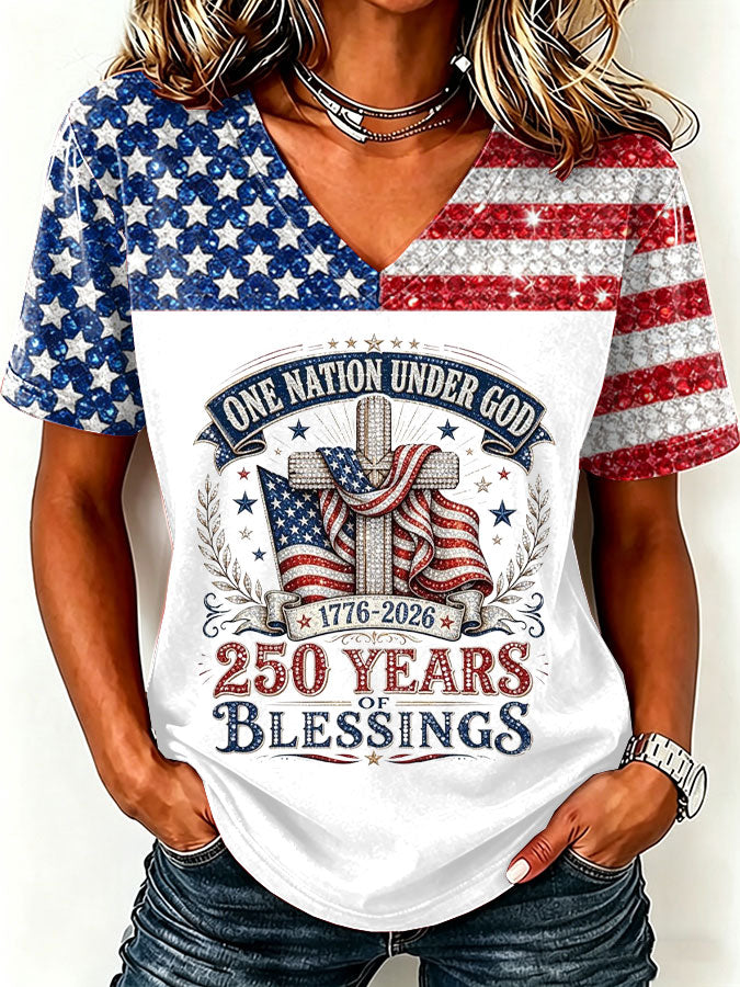 Women'S America Flag Print Casual V-Neck T-Shirt