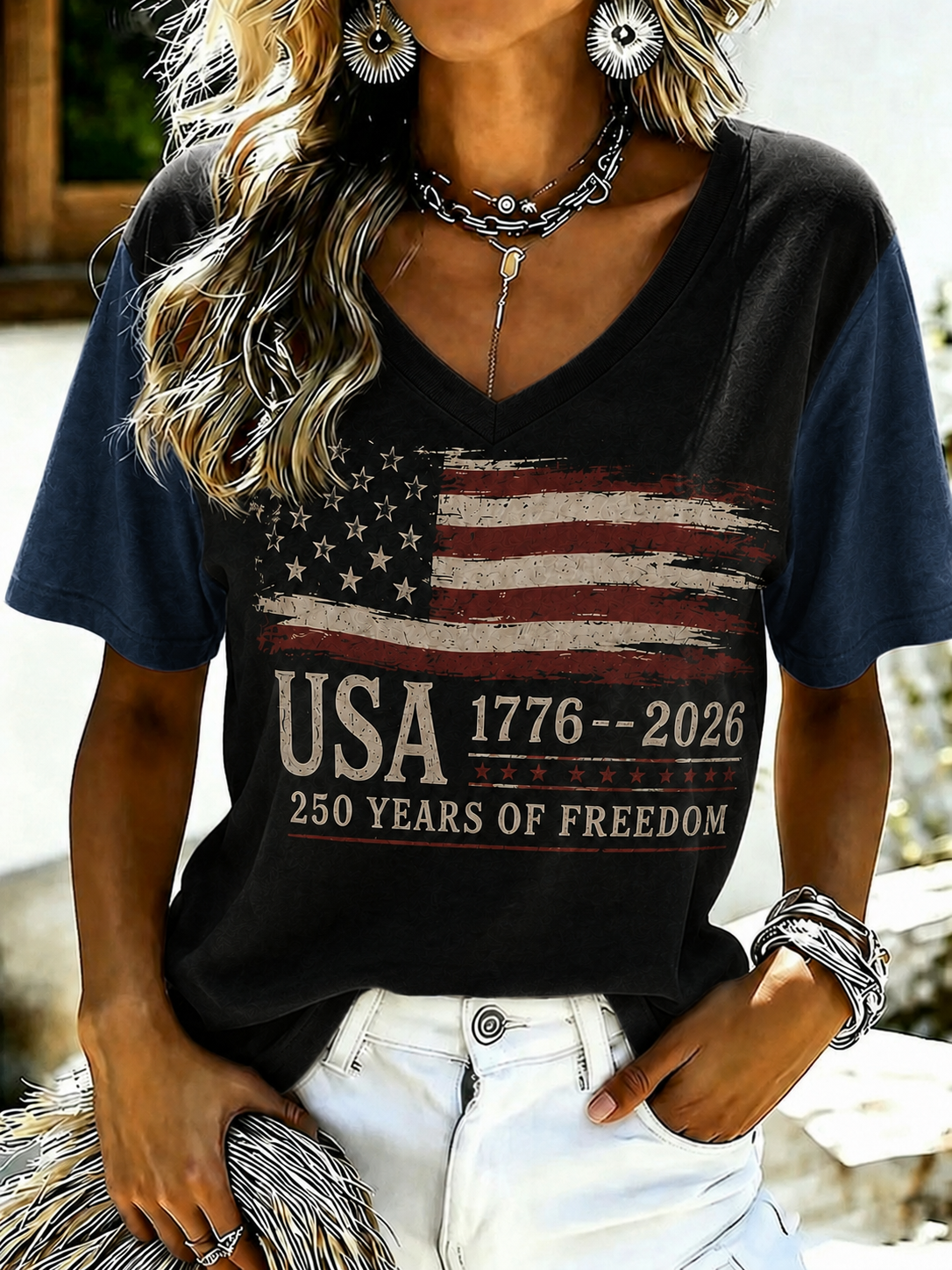 Women'S Retro Independence Day Printed Casual Short Sleeved T-Shirt