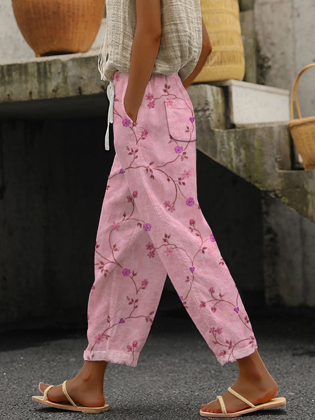 Women's Casual Vintage Floral Cotton and Linen Pants (With Pockets)