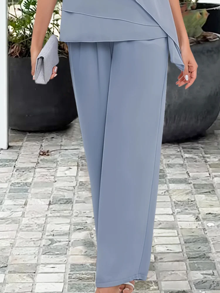 Women'S Chiffon Beaded Rhinestone Slim Wide-Leg Pants Two-Piece Suit