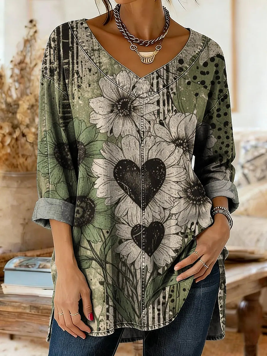 Women's Denim-colored Patchwork Pattern Art Print Casual Washed Denim Cotton Shirt