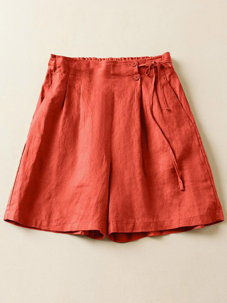 Women's Semi-elastic High Waist Solid Color Casual Cotton and Linen Wide Leg Shorts