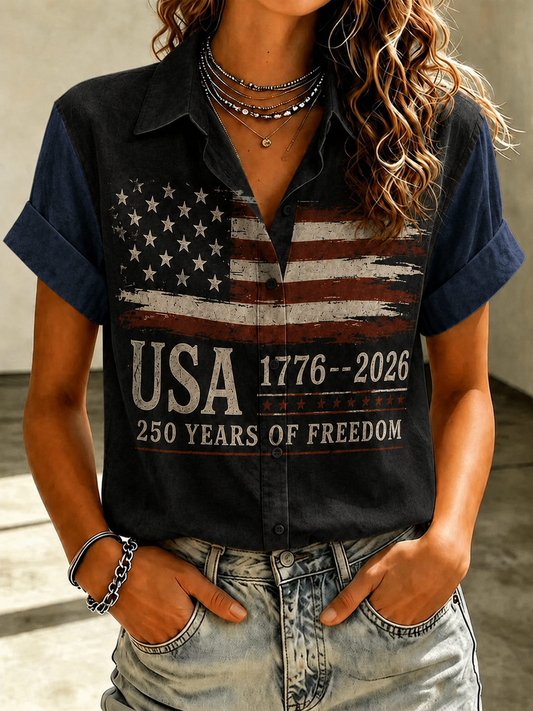 Women'S Casual American Flag 250Th Anniversary Celebration Floral Embroidery Printed Lapel Shirt
