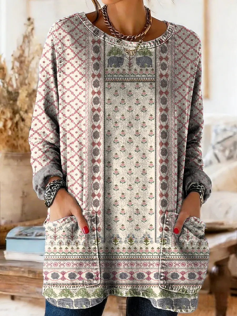Women's Ethnic Floral Art Print Casual Long-sleeved Crew Neck Washed Denim Cotton T-shirt