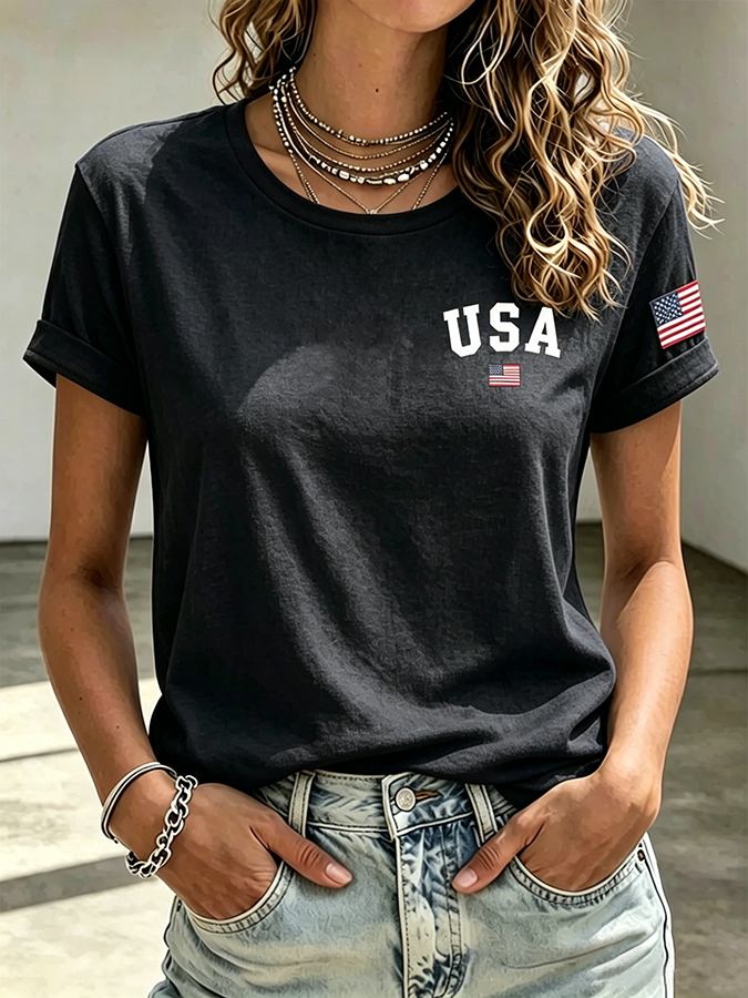 Ladies' Casual USA Commemorative Round Neck Short Sleeved T-Shirt