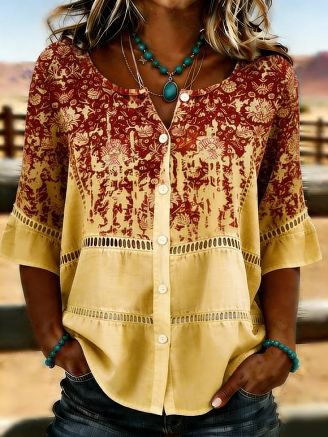 Women's Casual Western Floral Print Cotton Linen Hollow-Out Top