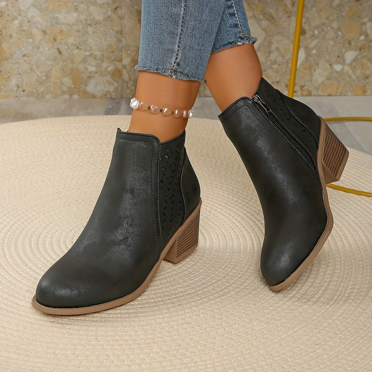 🔥 Women's Chunky Mid-Heel Slip-On Leather Orthopaedic Ankle Boots