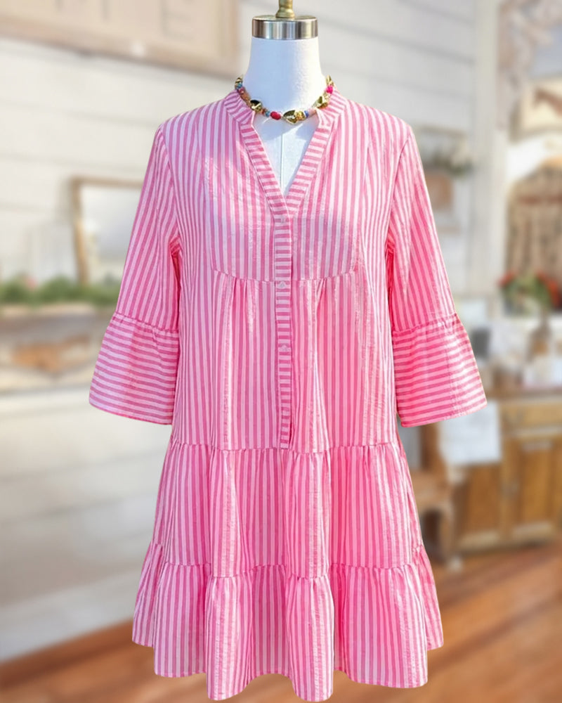 Striped Trumpet Sleeve Pretty Tiered Mini Dress