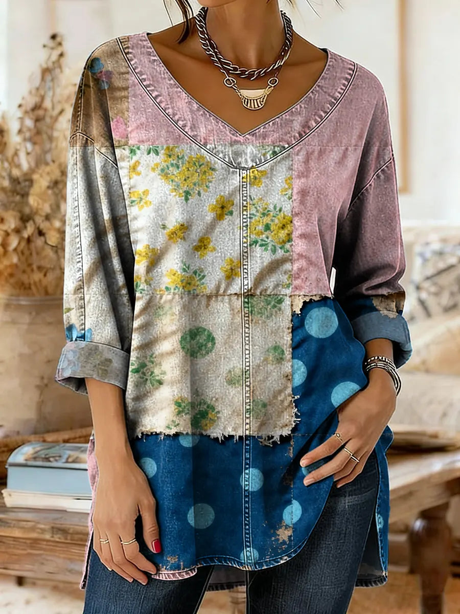 Women's Vintage Patchwork Pattern Art Print Casual Washed Denim Cotton Top