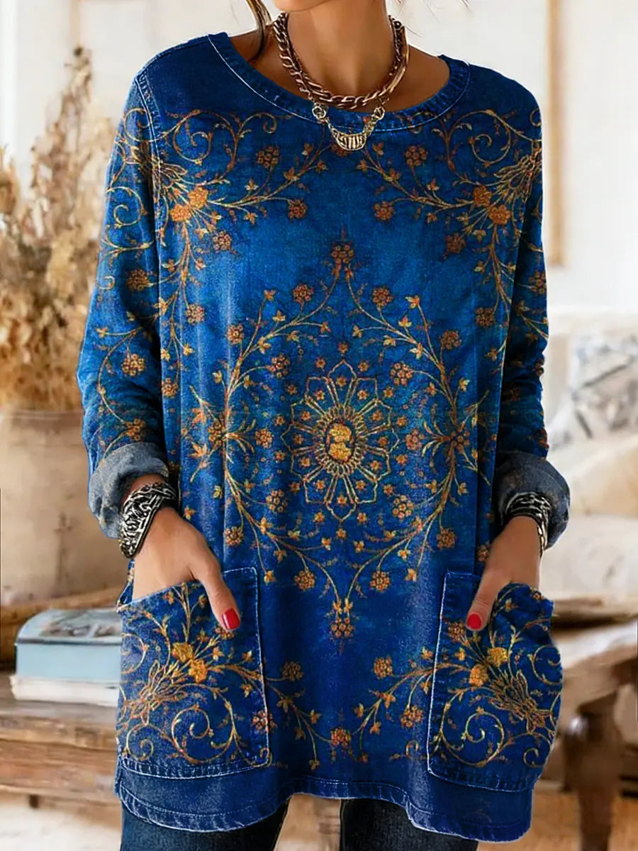 Retro Bohemian Style Patterned Floral Art Print Casual Washed Denim Cotton Top.