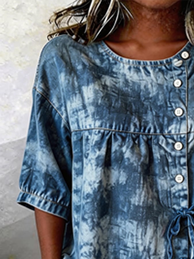 Women's Casual Denim Jacquard Short-Sleeve Top