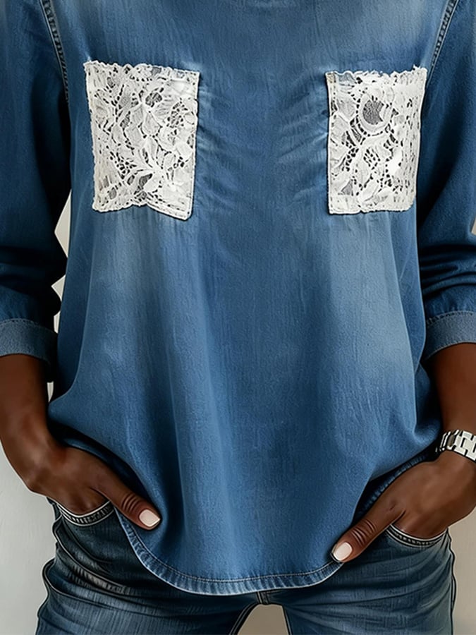 Women's Casual Round Neck Lace Patch Denim Shirt