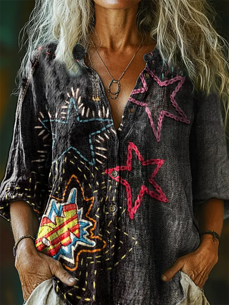 Women's Vintage Hippie Style Star Art Print Casual Cotton And Linen Blend Shirt