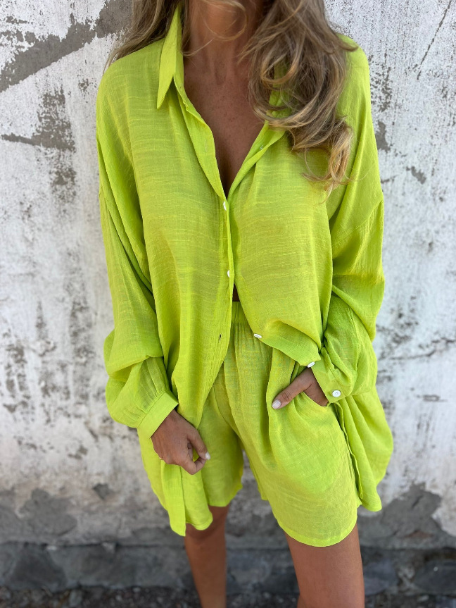 Women'S Casual Solid Color Cotton And Linen Shorts Long Sleeve Wrinkled Shirt Two Piece Set