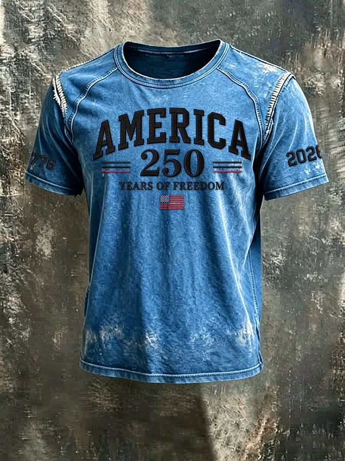 Men'S 250th Anniversary Casual Washed Cotton And Linen Raglan Short Sleeved T-Shirt