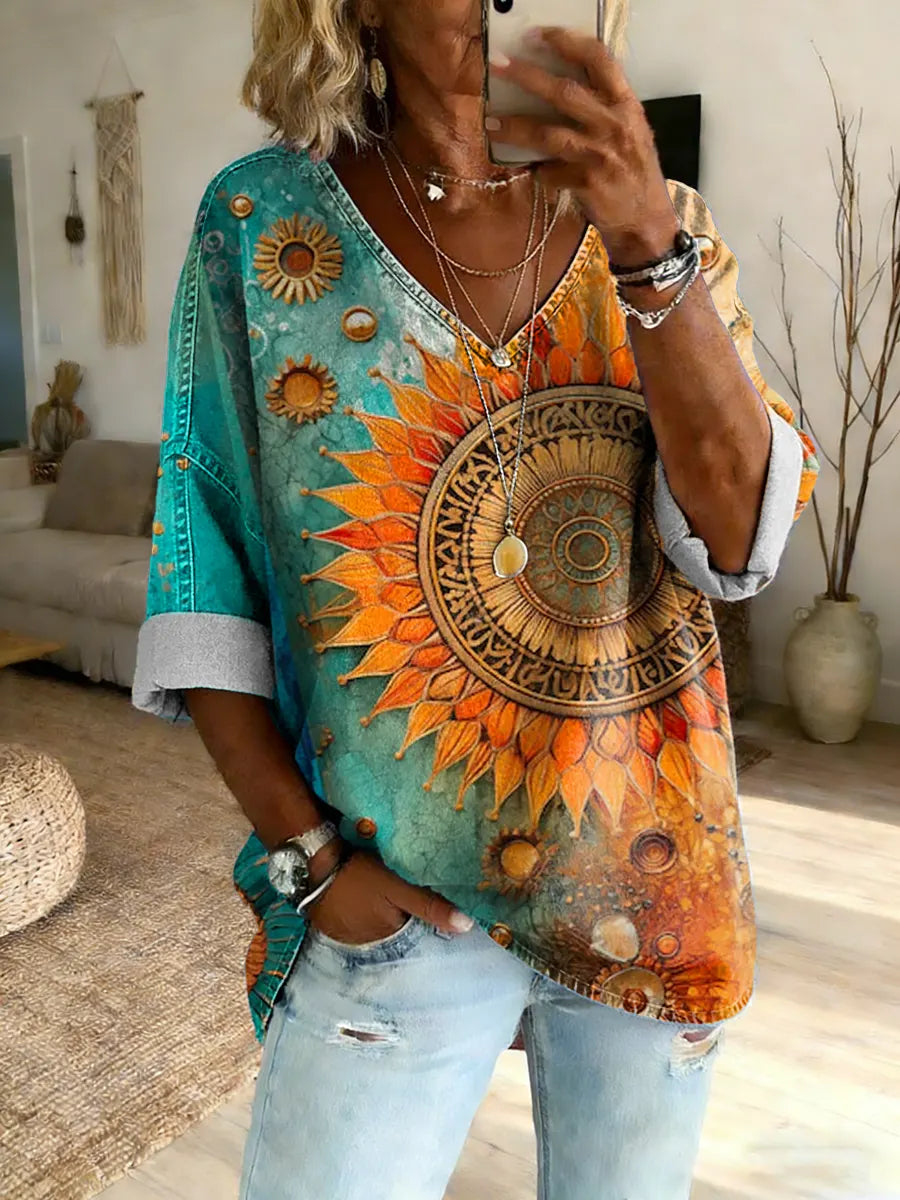 Women's Ethnic Mandala Pattern Printed Cotton Denim V-Neck Top