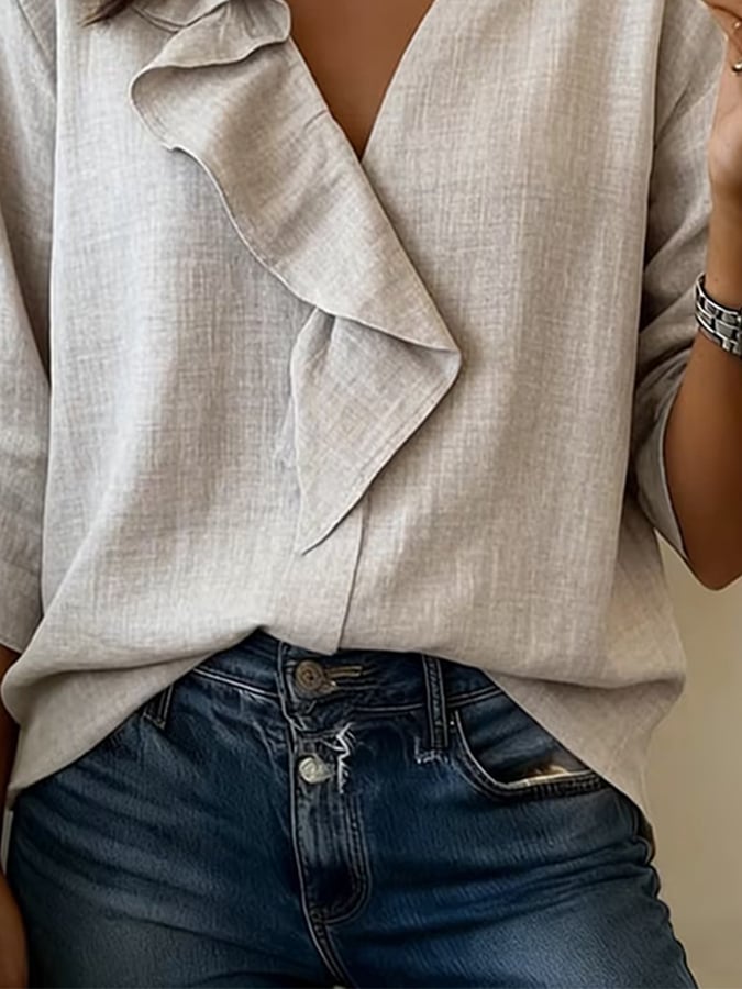 Women'S Casual V-Neck Ruffle Cotton And Linen Top