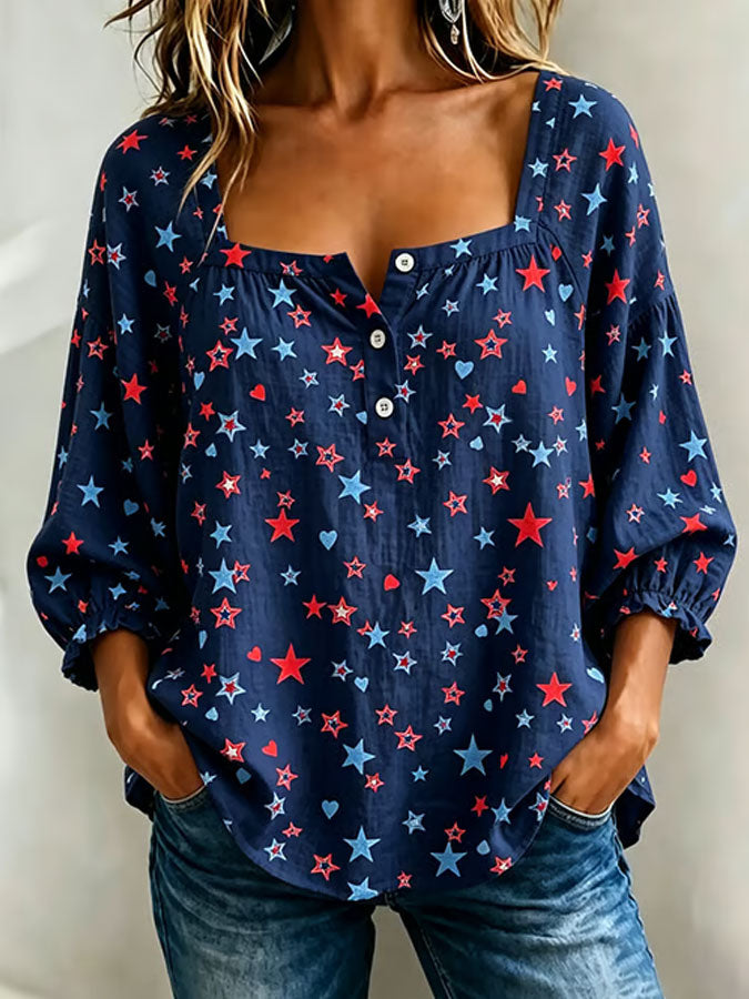 Ladies' Flag Floral Print Casual Cotton And Linen Top