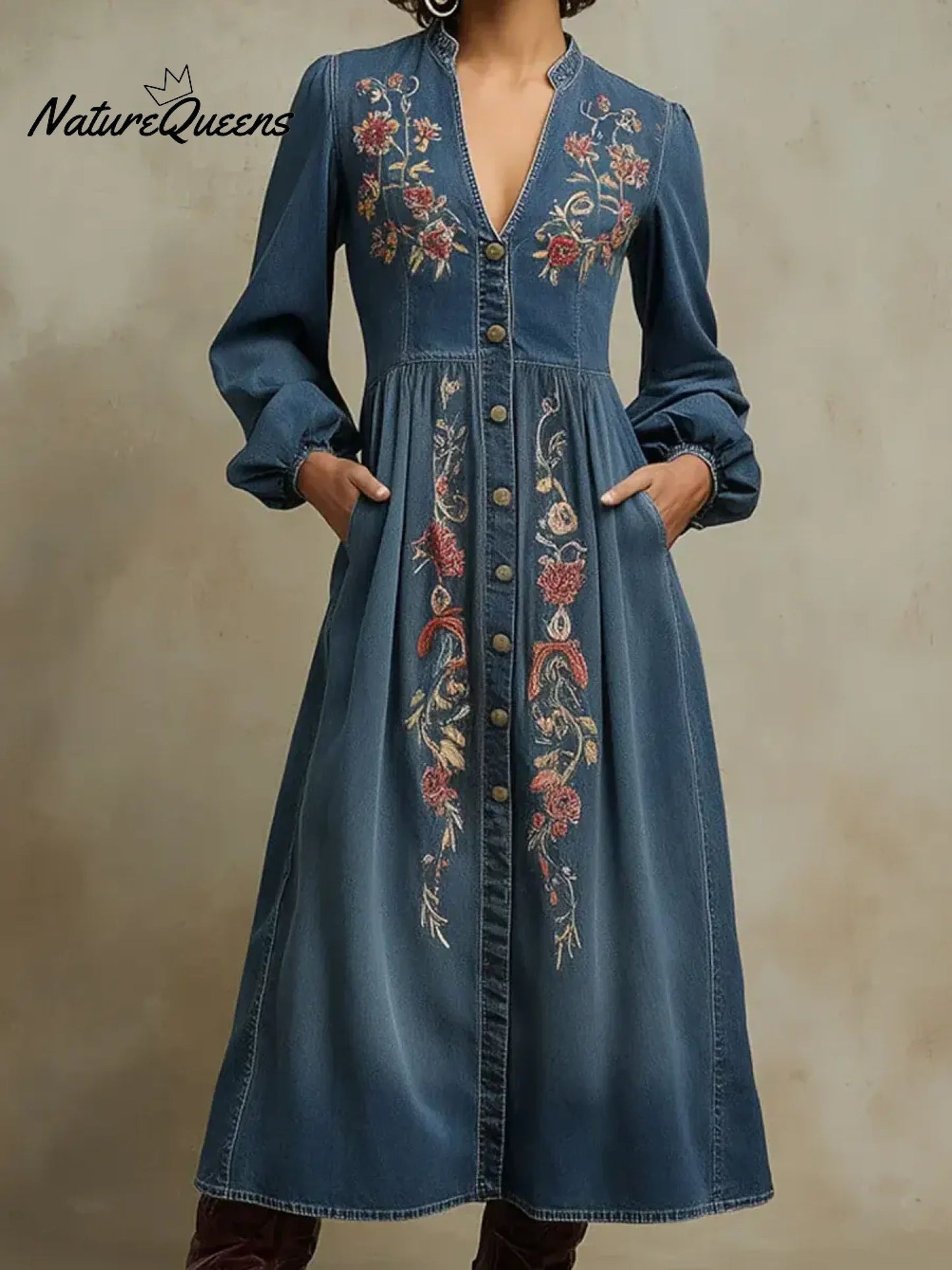 Women's Vintage Floral Denim Cotton Dress