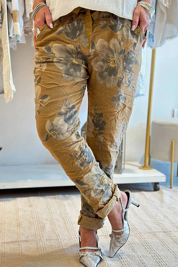 Women'S Floral Print Elastic Waist Casual Pocket Pants (With Pockets)