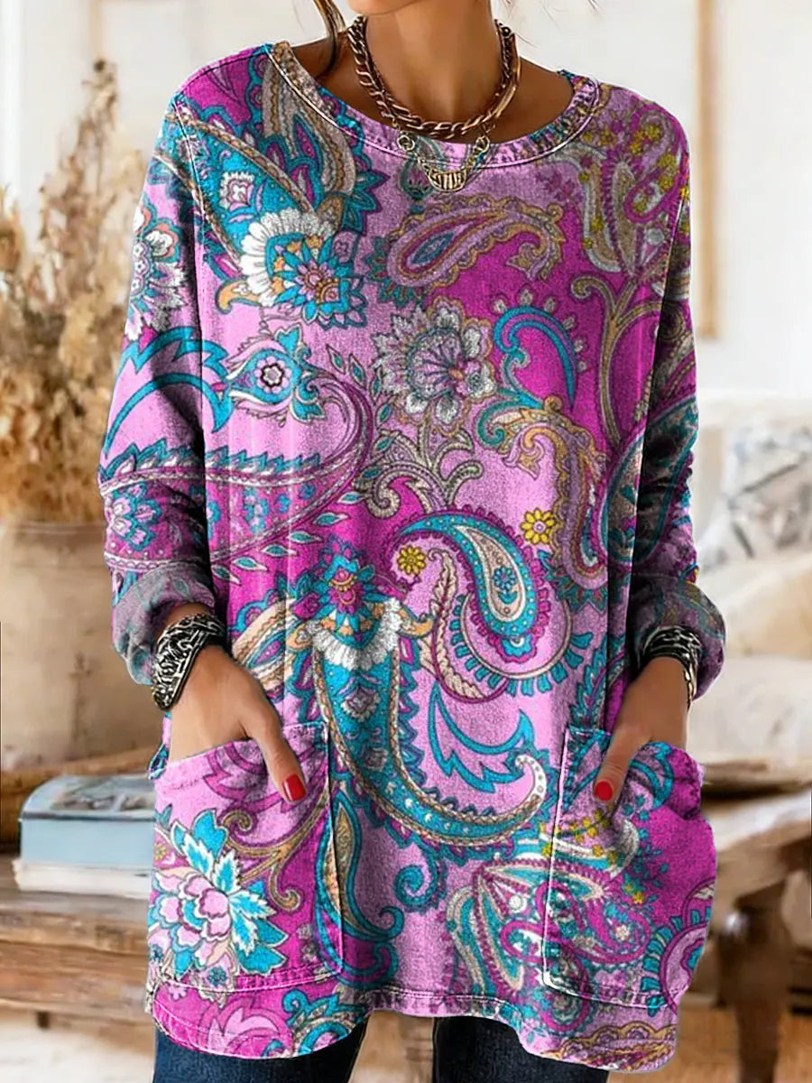 Women's Vintage Hippie Paisley Floral Art Print Casual Long-sleeved Crew Neck Washed Denim Cotton T-shirt