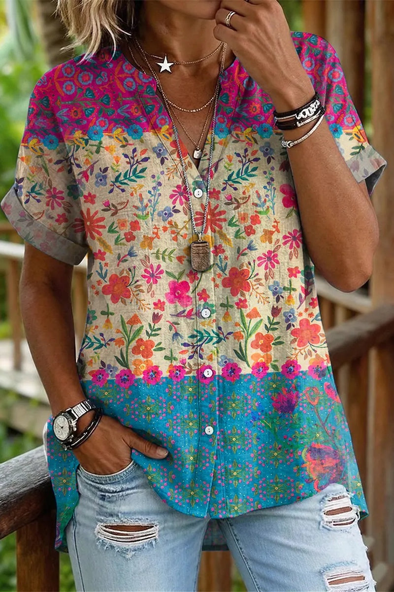 Ethnic-style patchwork floral print women's casual cotton and linen shirt