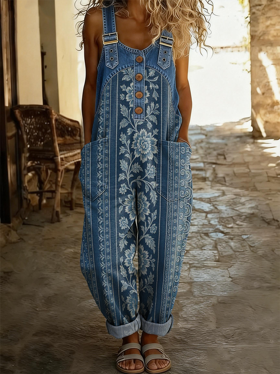 Women's Retro Floral Striped Art Print Casual Denim Patchwork Jumpsuit