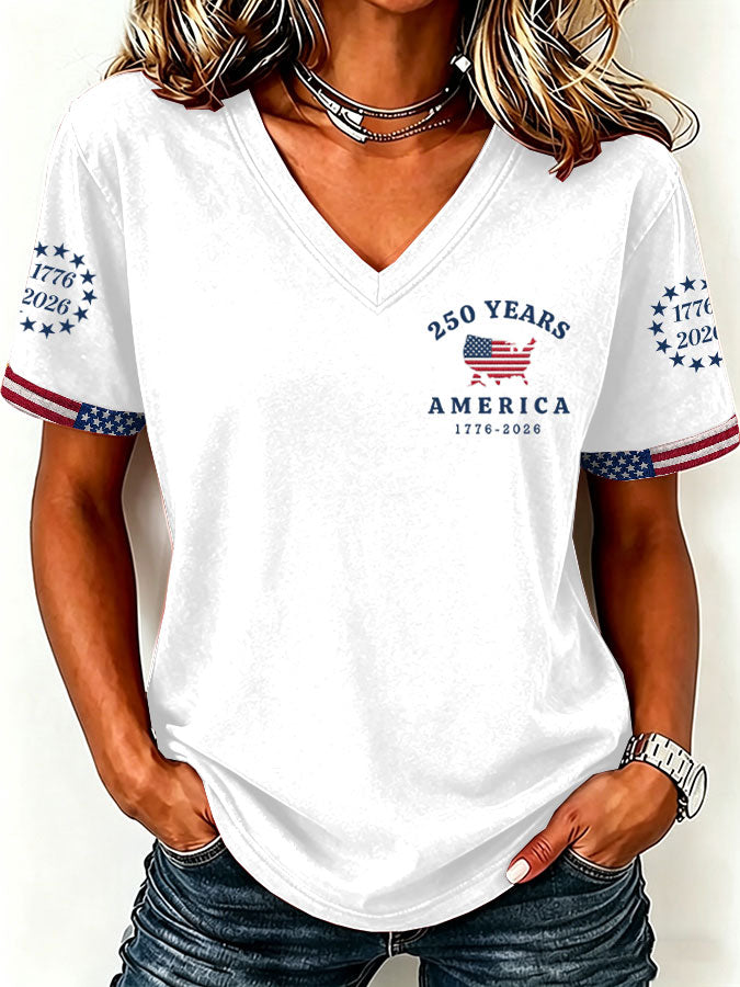 Women'S America Flag Print Casual V-Neck T-Shirt