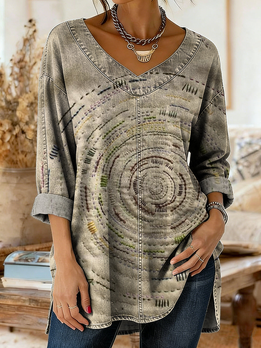 Women's Retro Art Print Casual V-neck Washed Cotton Denim Top