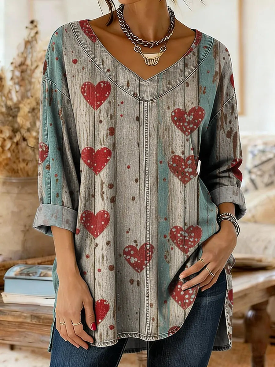 Women's Vintage Heart-pattern Art Print Washed Denim Cotton Shirt