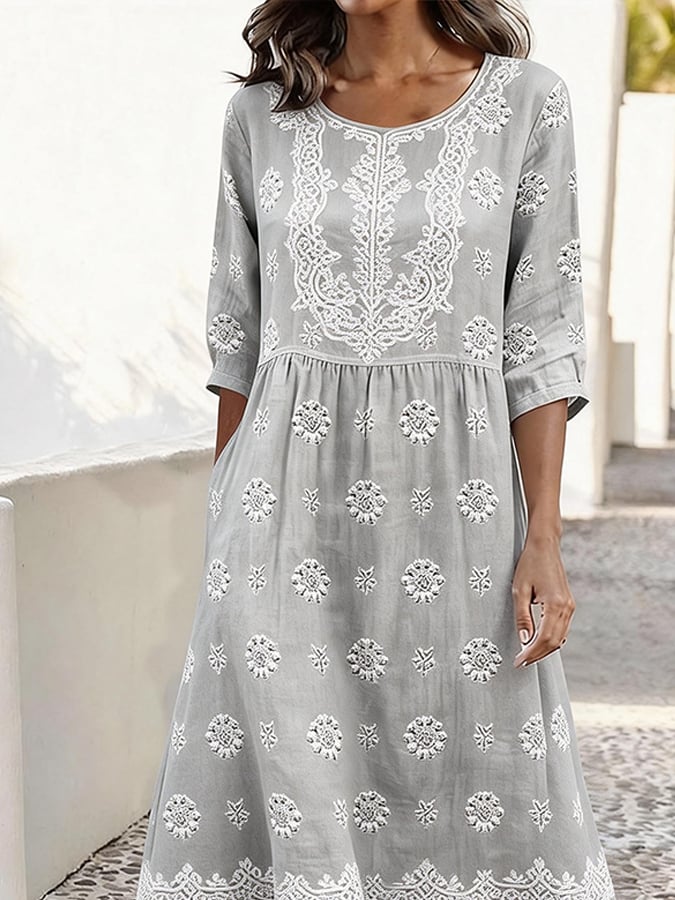 Women's Casual Round Neck Half Sleeve Contrast Print Dress