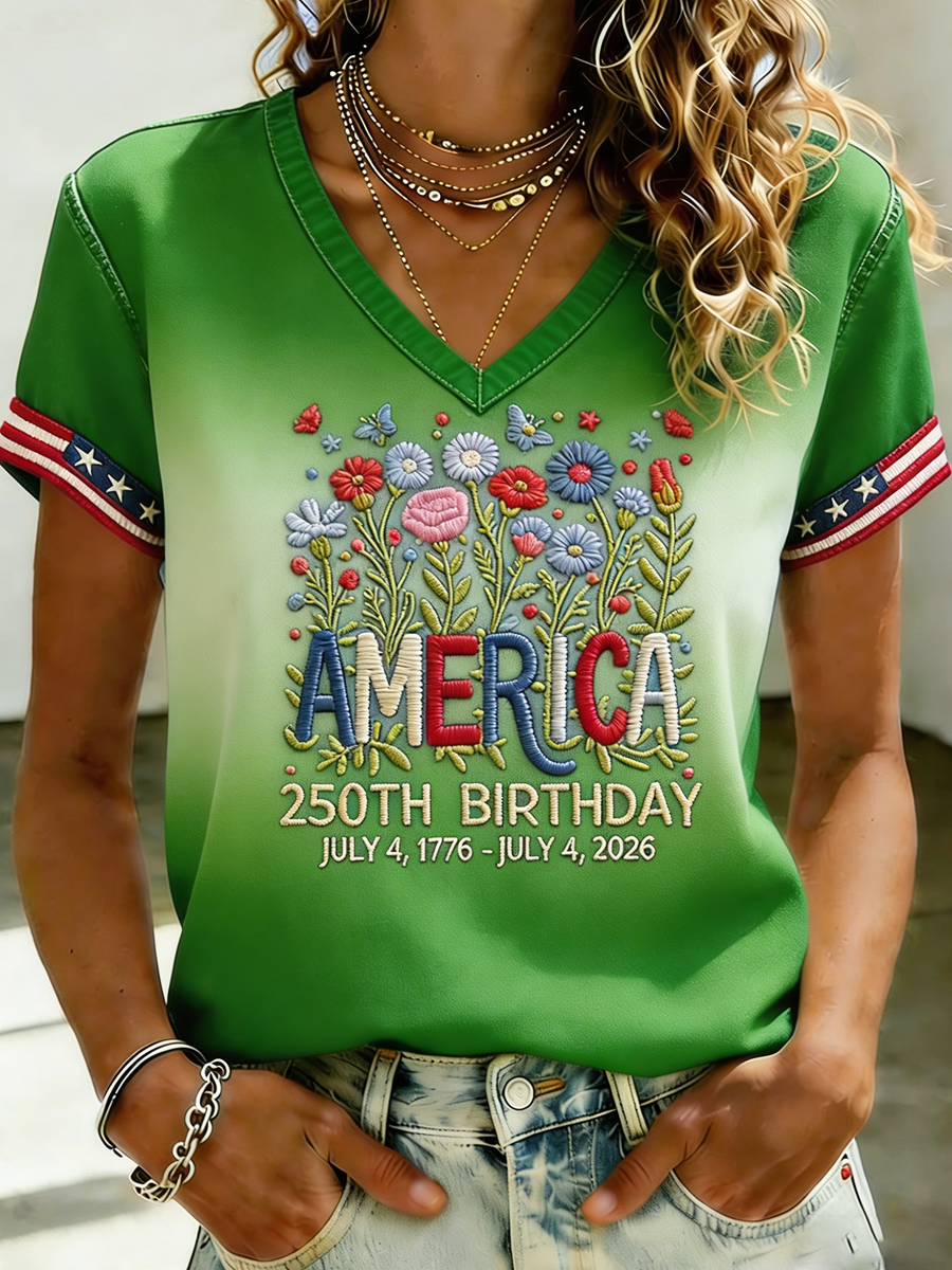 Women's Independence Day 250th Anniversary Printed V-neck T-shirt