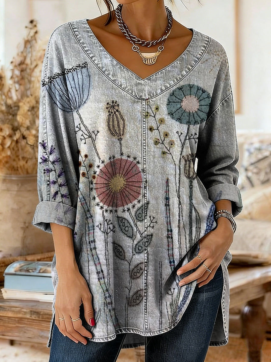 Women's Retro Floral Art Print Casual V-neck Washed Cotton Denim Top