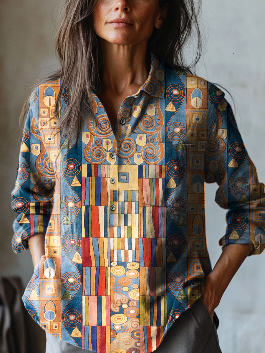 Women's Vintage Geometric Patchwork Pattern Art Print Casual Cotton And Linen Shirt