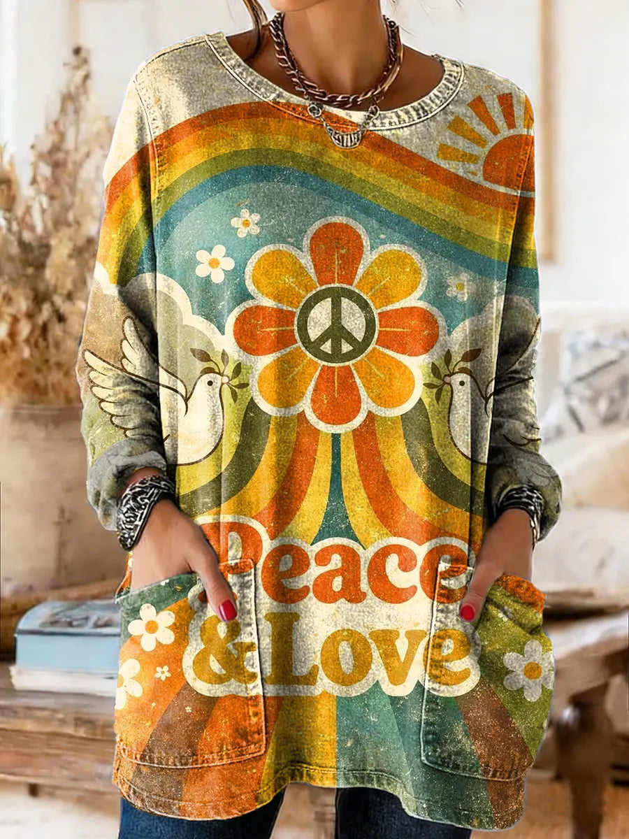 Women's Vintage Peace Sign Floral Hippie Art Prints Casual Round Neck Pockets Denim Shirt