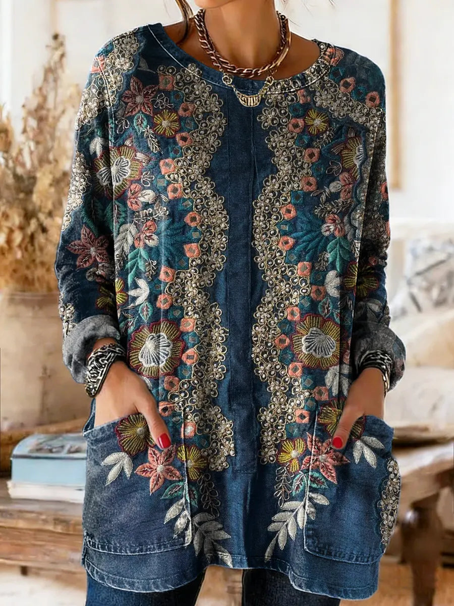 Ethnic Floral Print Casual Washed Denim Cotton Top
