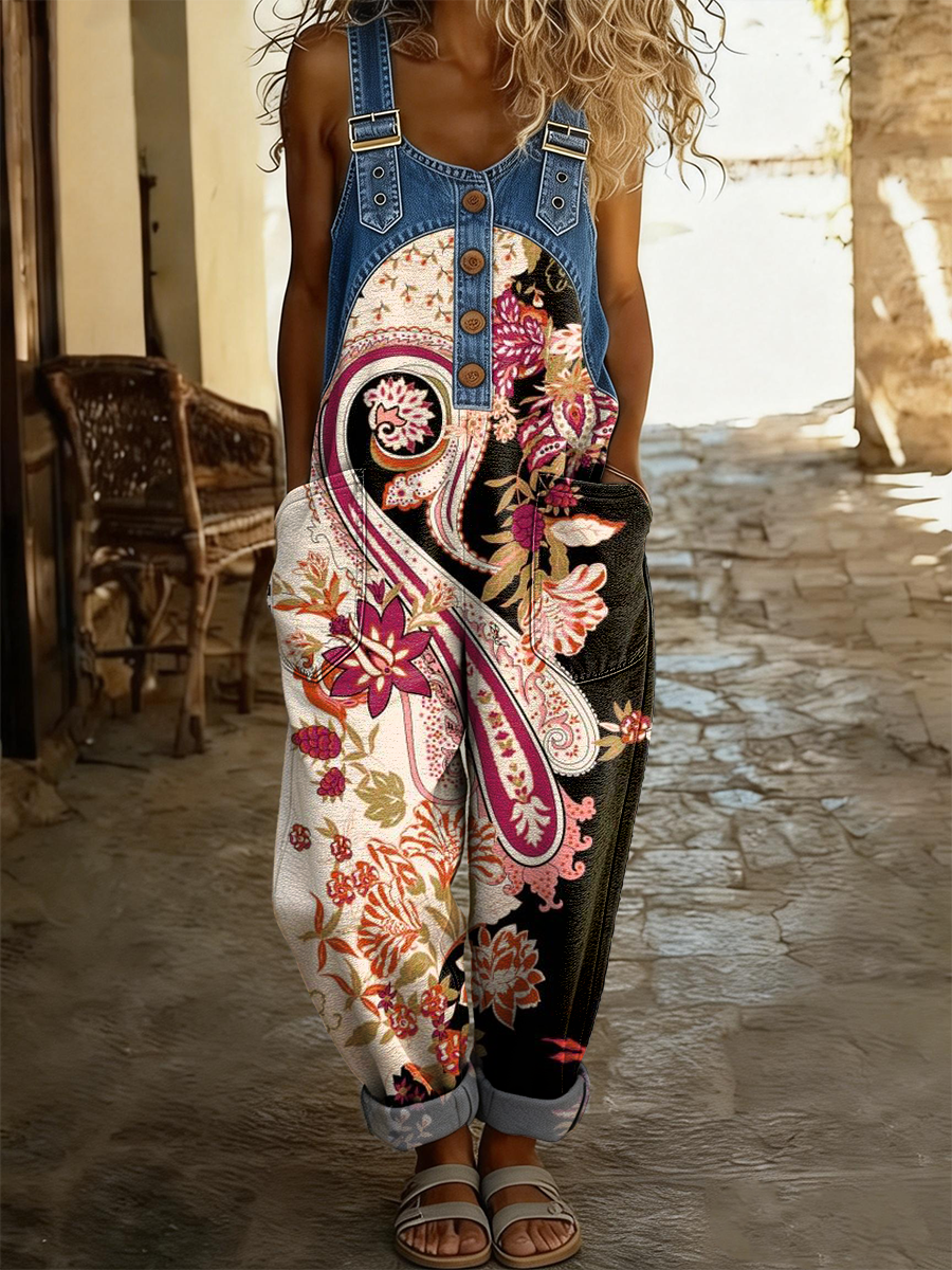 Women's Retro Color Block Bohemian Floral Art Print Casual Denim Patchwork Jumpsuit