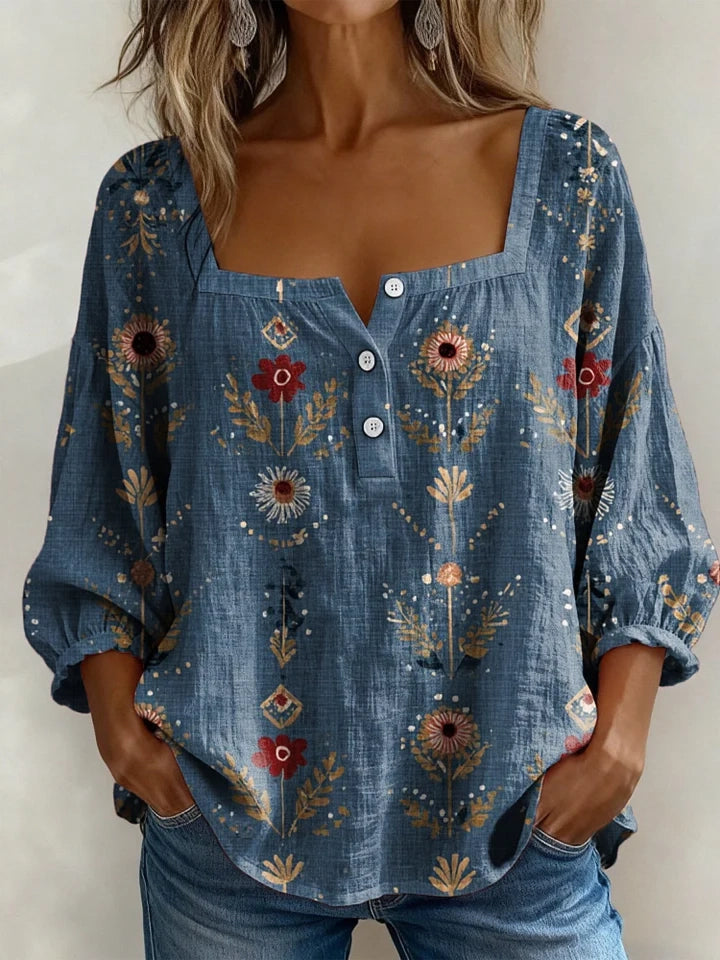 Women's Vintage Floral Print Casual Cotton Linen Shirt