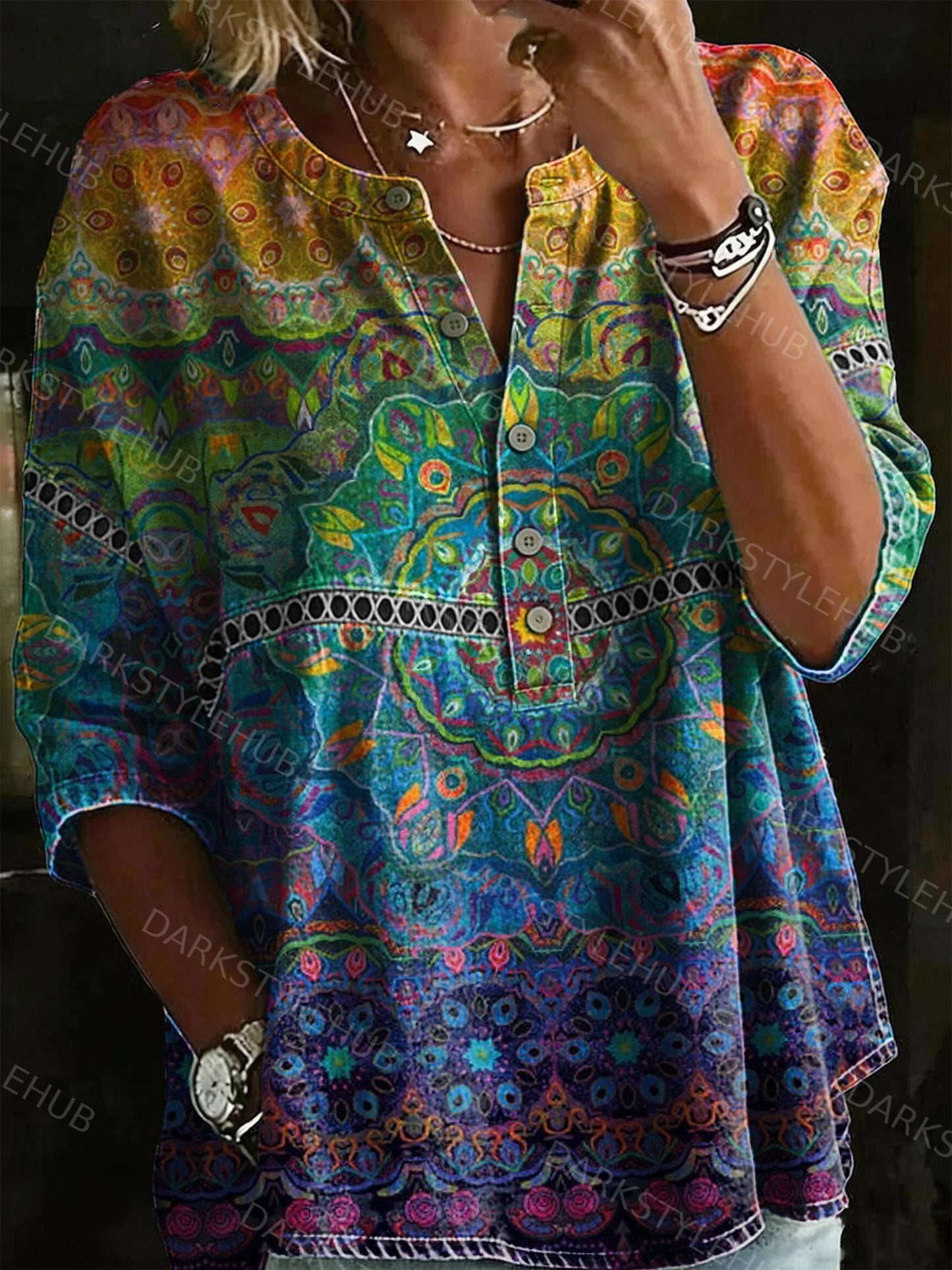 Women's Vintage Mandala Floral Print Casual Loose Denim Henley Shirt