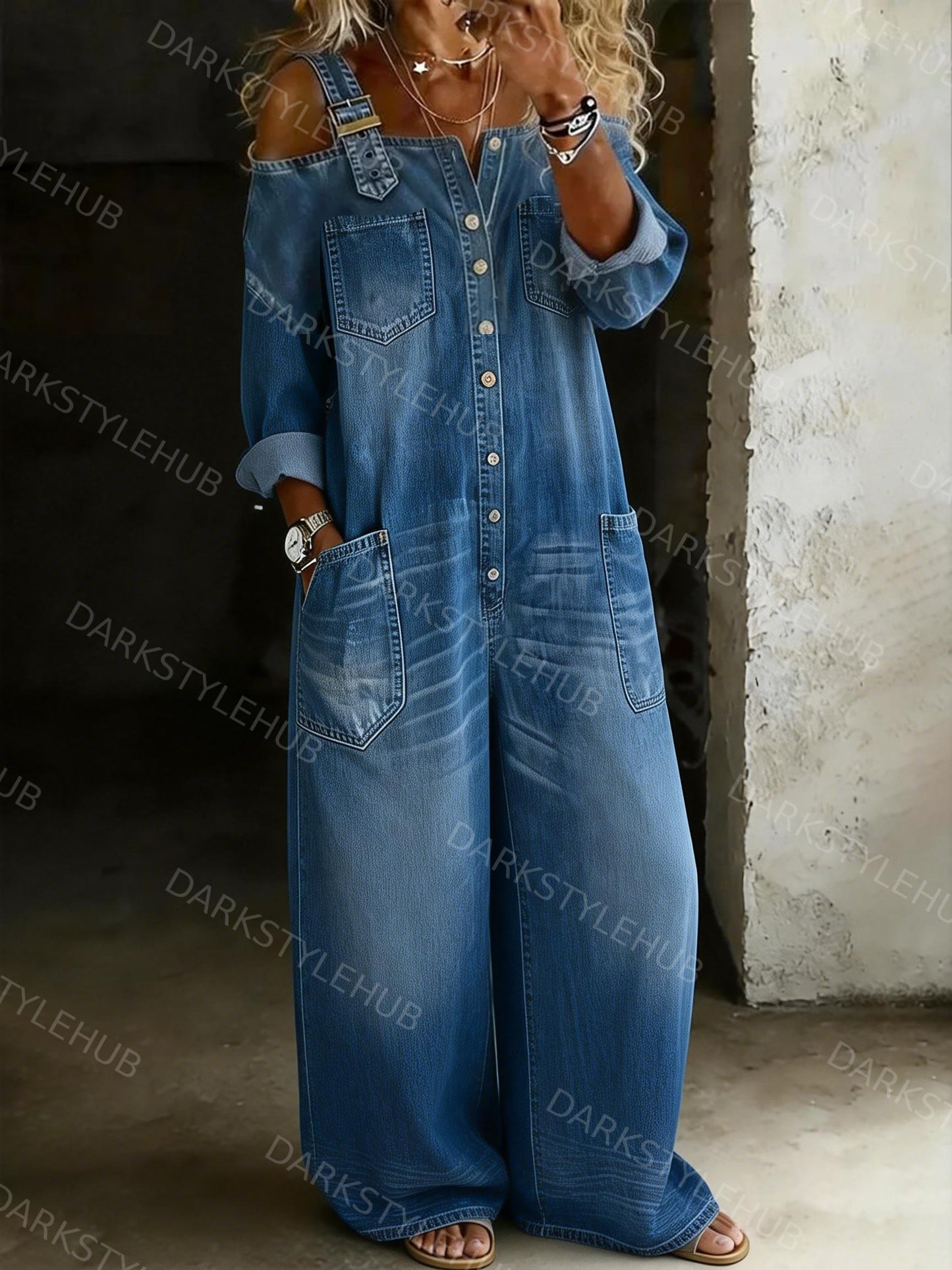 Women's Solid Color Off-shoulder Cozy Casual Cotton Denim Jumpsuit