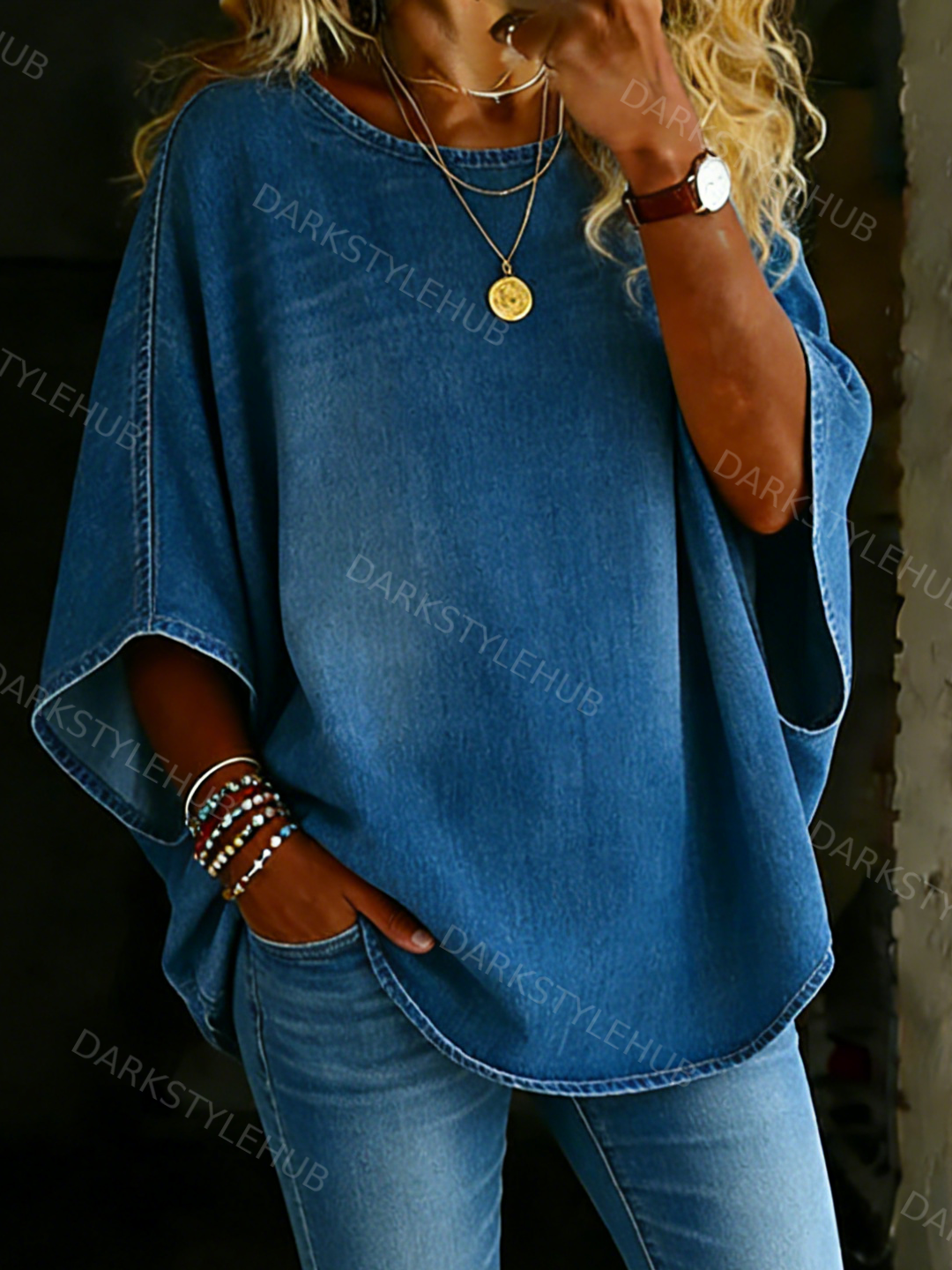 Women's Solid Color Casual Loose Round Neck Denim Shirt Cardigan
