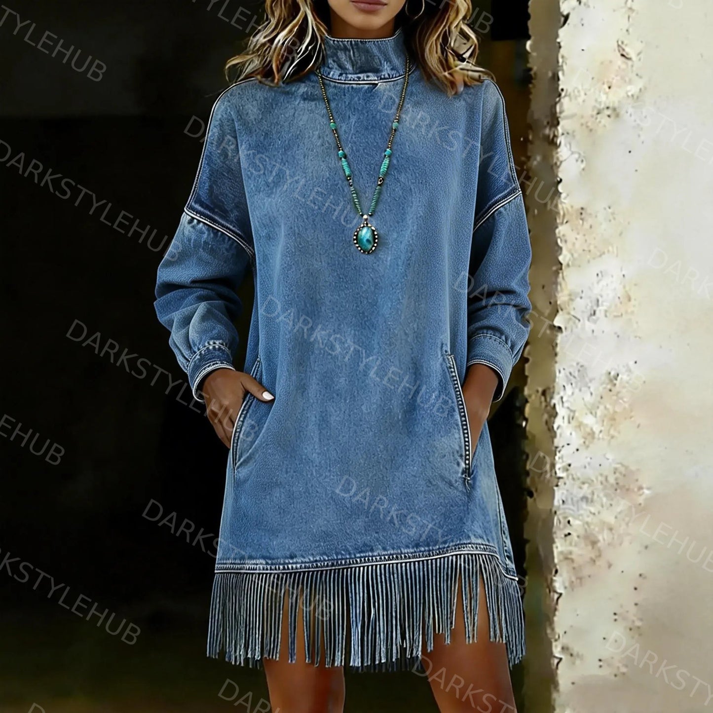 Women's Casual Long-Sleeved High-Neck H-Line Denim Dress