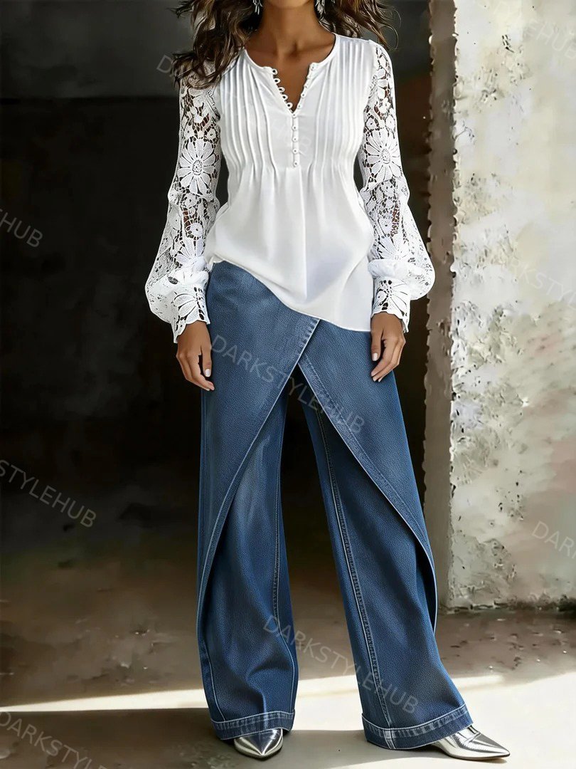 Women's Fashion High Rise Asymmetrical Button Layered Wide Leg Denim Jeans