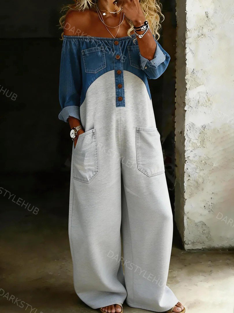 Women’s Fashion Vintage Off-shoulder Long Sleeve Denim Patchwork Jumpsuit