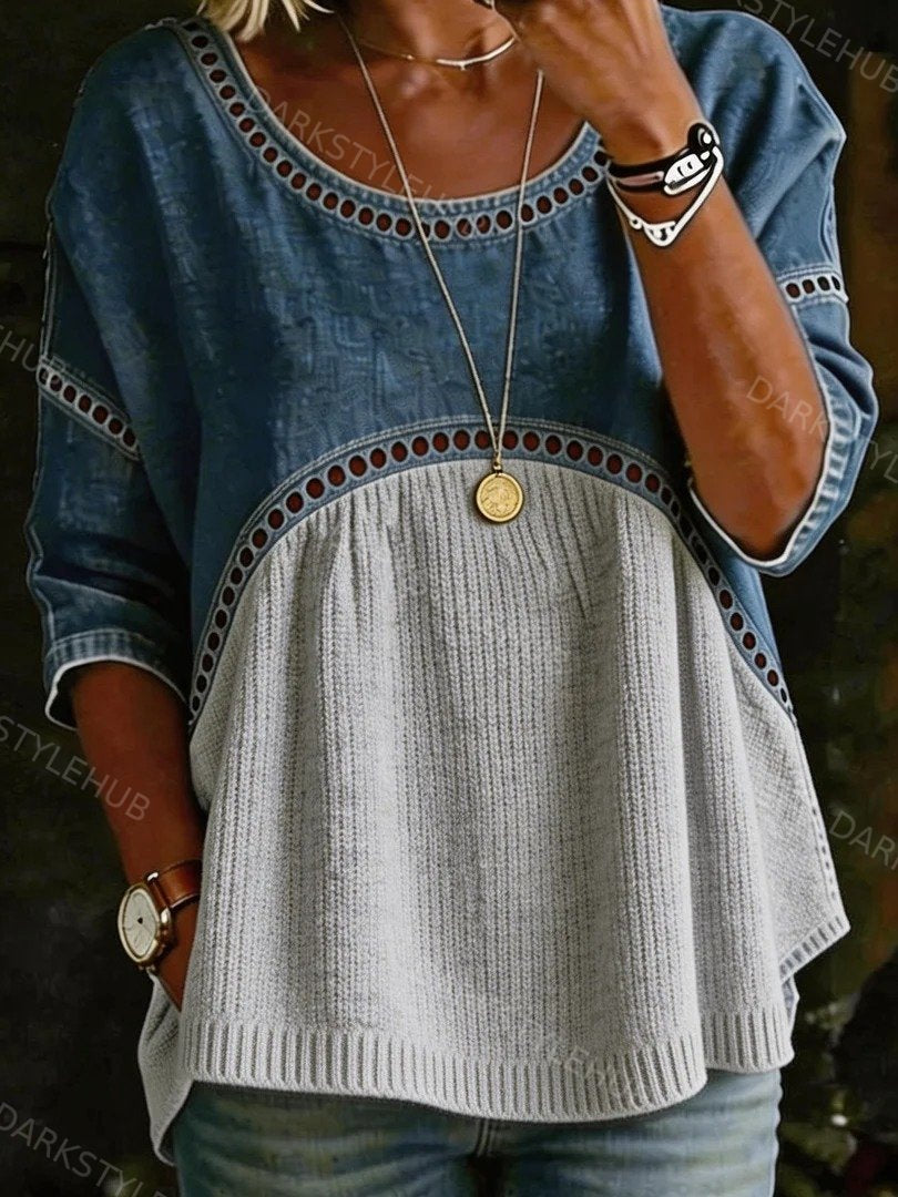 Women's Casual Loose Denim Patchwork Knitted Shirt