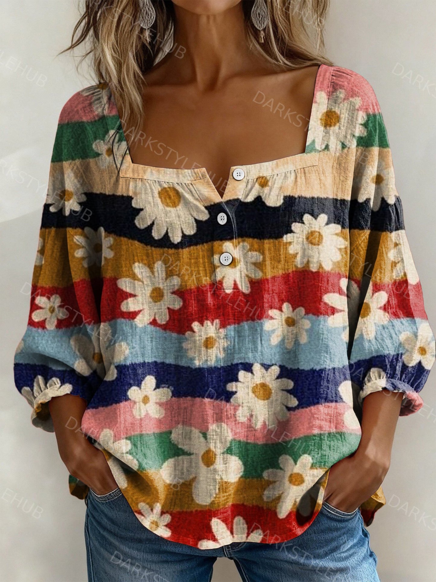 Women's Vintage Floral Print Casual Cotton Linen Shirt
